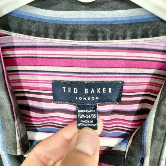Ted Baker London Button Down Shirt Mens Sz 16.5-34/35 Black Multi Striped - Picture 4 of 11